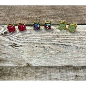Pink, Multicolor, & Green Glittering Square Stud Earrings with Gold Tone Posts